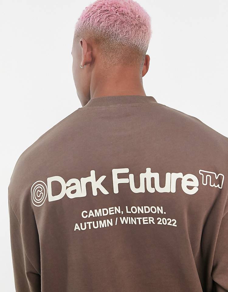 ASOS Dark Future oversized sweatshirt with front and back logos prints in brown